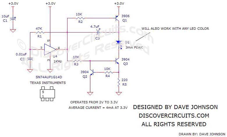Schematic 3v White LED Driver designed
by Dave Johnson, P.E.